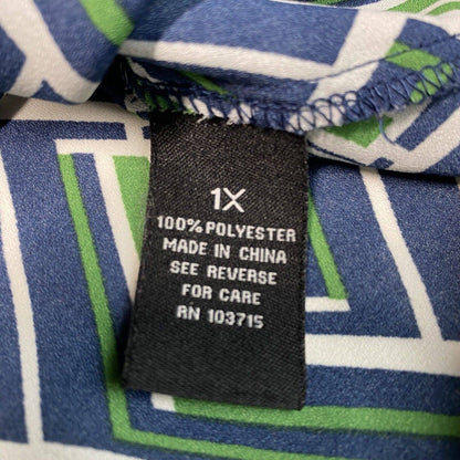 Zac & Rachel Blouse Sz 1X Green/Navy Blue Roll Tab Sleeve Bold Geometric Pattern