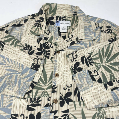 Island Blue Hawaiian Silk Blend Button Up Shirt Sz Large Beige Short Sleeve
