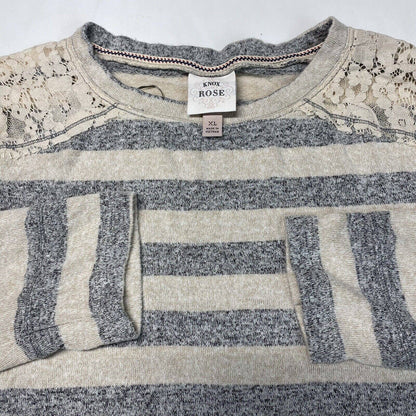 Knox Rose Striped Top XL Beige/Gray Stretchy Knit Long Sleeve Shirt Lace Accent