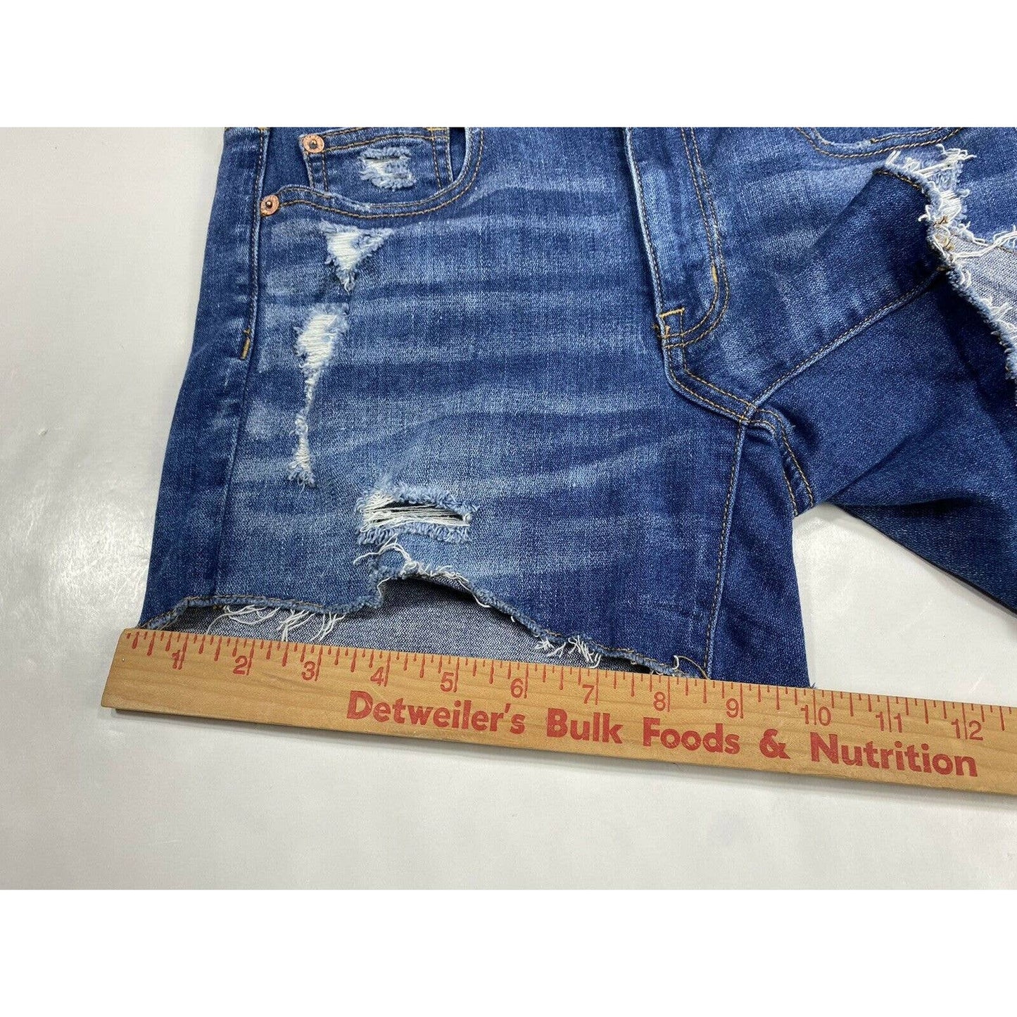American Eagle Hi-Rise Shortie Sz 4 Denim Jean Shorts Destroyed Holes Raw Hem