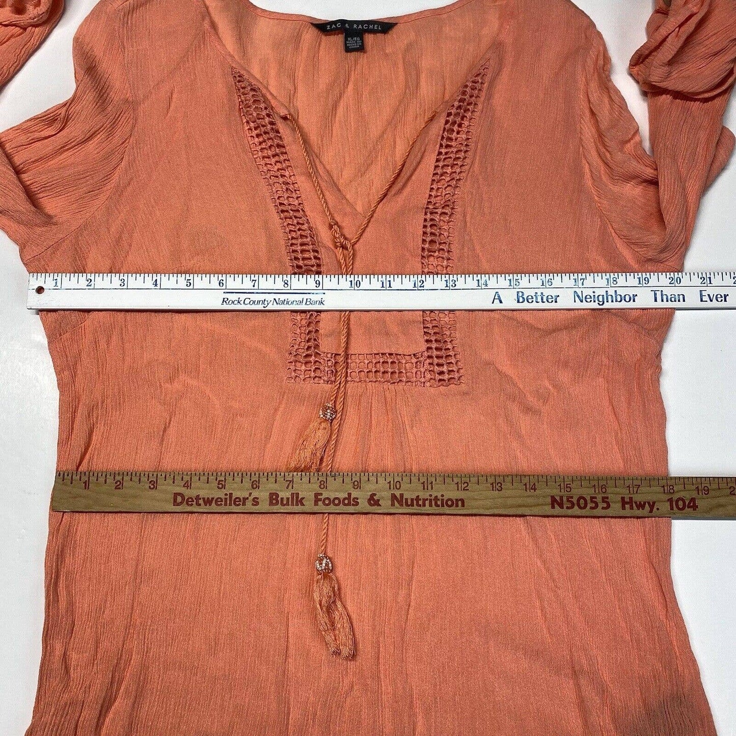 Zac & Rachel Boho Blouse Sz XL Coral/Orange Roll Tab Sleeve Gauze Tassels Beads
