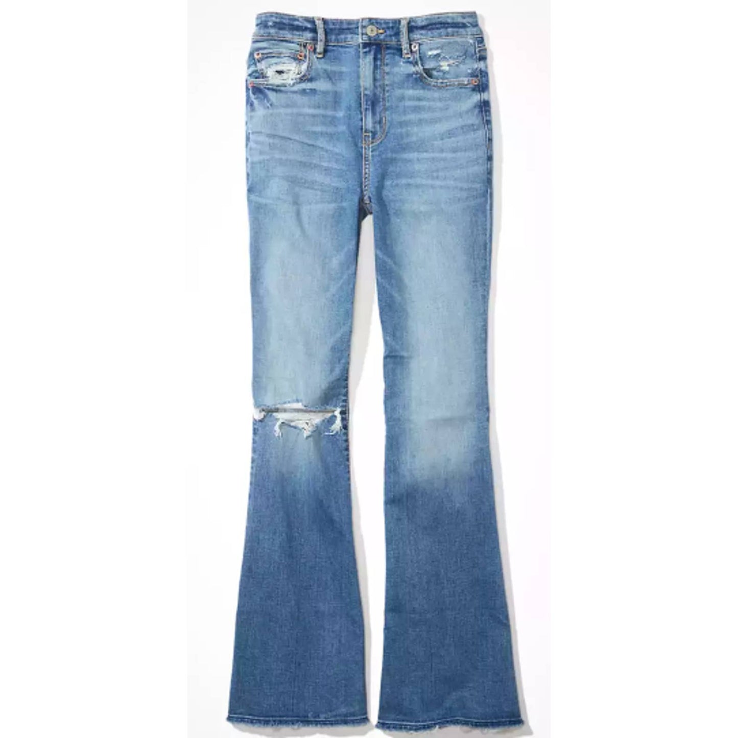 American Eagle Super Hi-Rise Flare Jeans 18 Stretch Blue Denim Distressed NEW