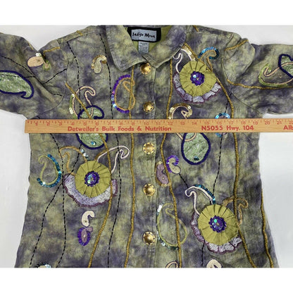 Indigo Moon Jacket Sz Small ART TO WEAR Sequins Flowers Embroidered Green/Purple