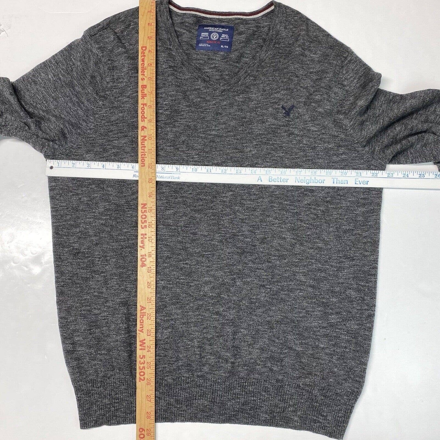 American Eagle Sweater Mens XL Gray V-Neck Athletic Fit Long Sleeve Knit Cotton