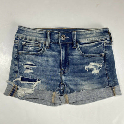 American Eagle Shorts Sz 2 Womens Next Level Stretch Denim Jean Raw Hem Holes