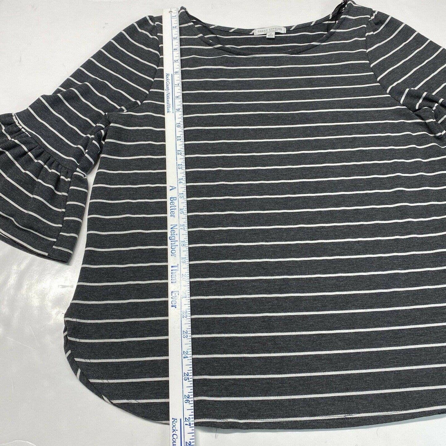 Green Envelope Striped 3/4 Bell Sleeve Top 1X Gray/White Stretch Jersey Knit EUC