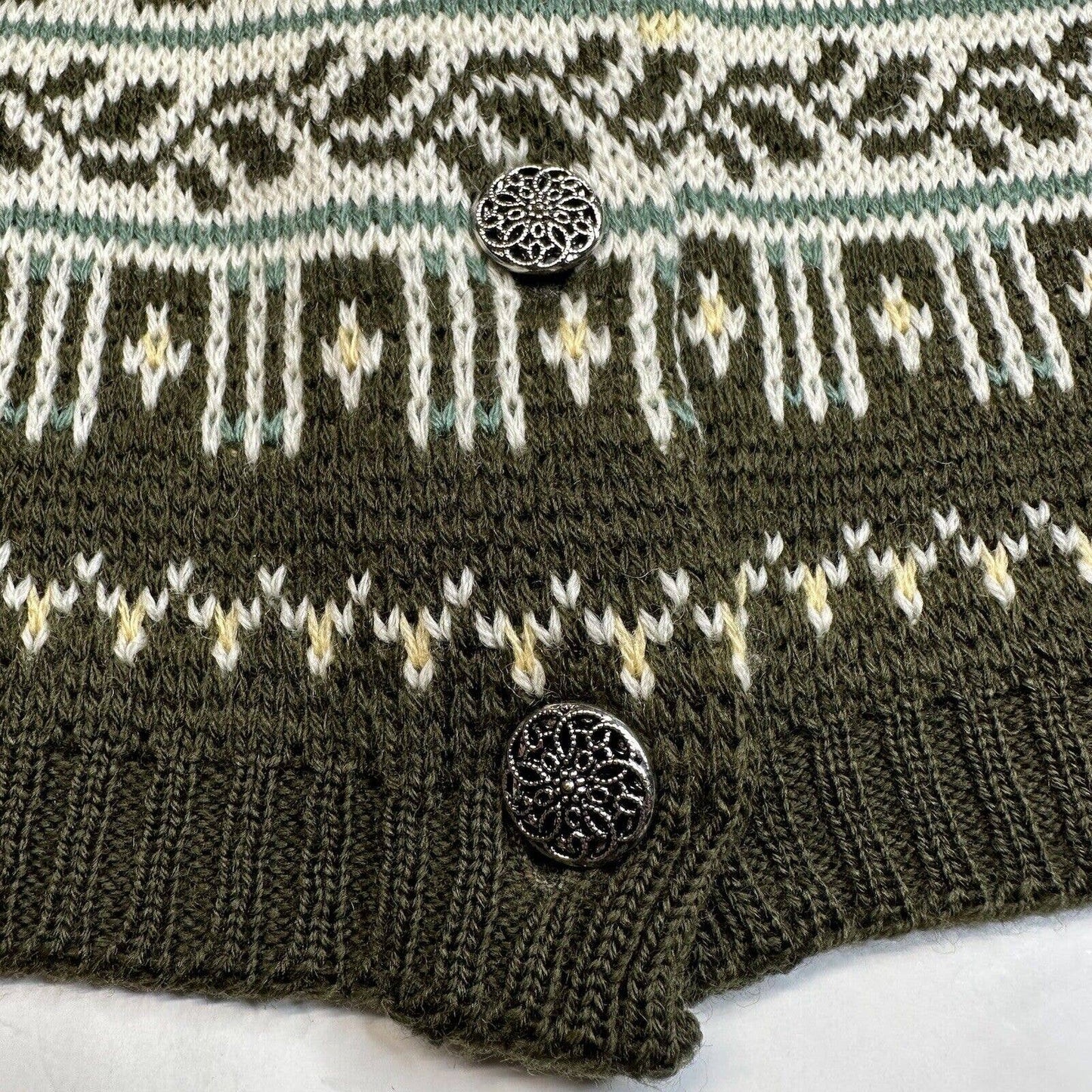Vintage Jersild Wool Cardigan M/L Olive Green Fair Isle Button Front Sweater EUC