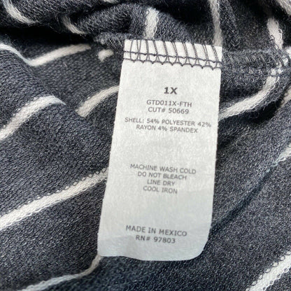 Green Envelope Striped 3/4 Bell Sleeve Top 1X Gray/White Stretch Jersey Knit EUC