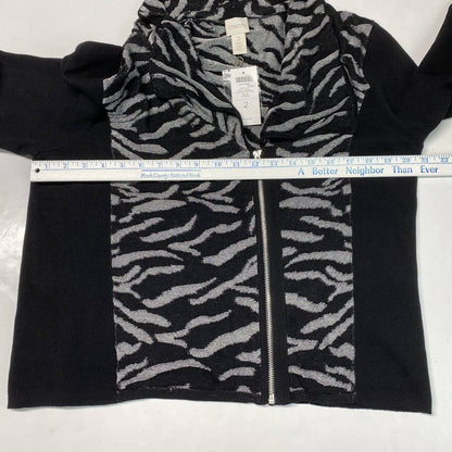 Chicos Eliza Zip Up Knit Cardigan Sz 2 (Large) Zebra Black/Silver Sweater NEW