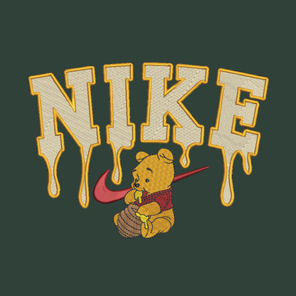 green background with embroidered winnie the pooh with honey dripping from the nike logo