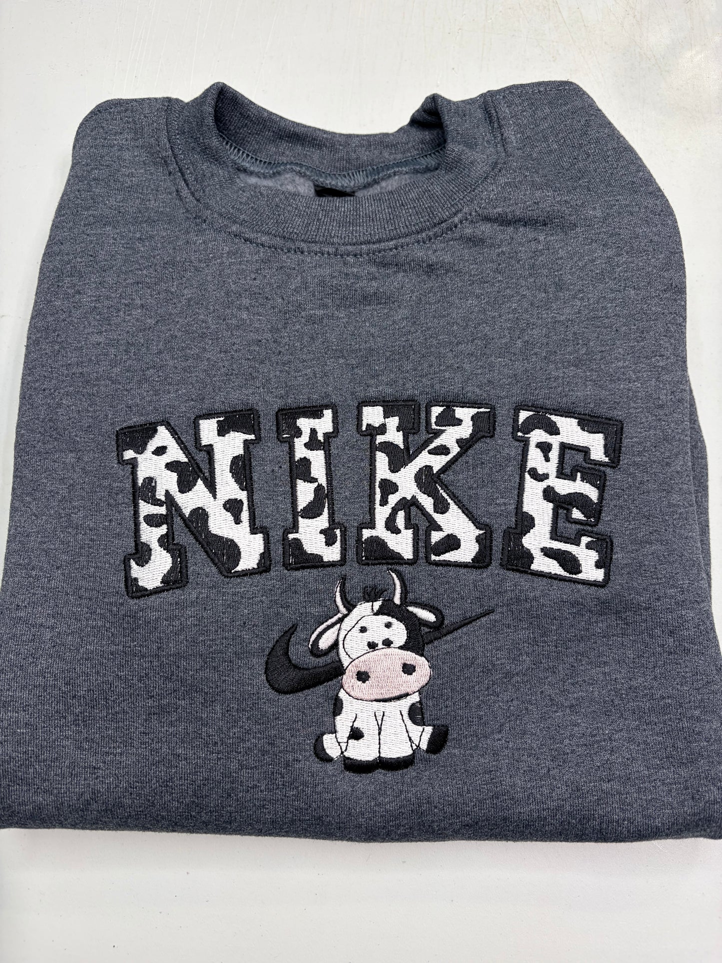 Nike Cow Embroidered ADULT Hoodie / Crewneck Sweatshirt Unisex Black Spotted Farm Animal