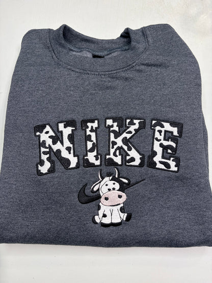 Nike Cow Embroidered ADULT Hoodie / Crewneck Sweatshirt Unisex Black Spotted Farm Animal