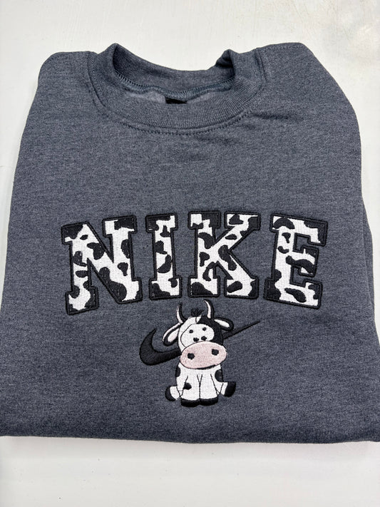 Nike Cow Embroidered ADULT Hoodie / Crewneck Sweatshirt Unisex Black Spotted Farm Animal