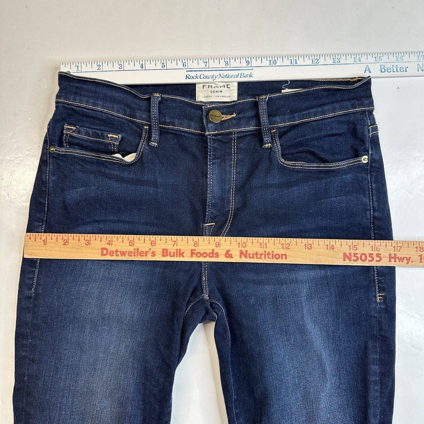 Frame Le Skinny De Jeanne Jeans 29 Midrise Stretch Denim Blue Split Hem *Hole