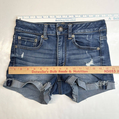 American Eagle Shortie 6 Super Stretch Denim Blue Jean Cuffed Shorts Distressed