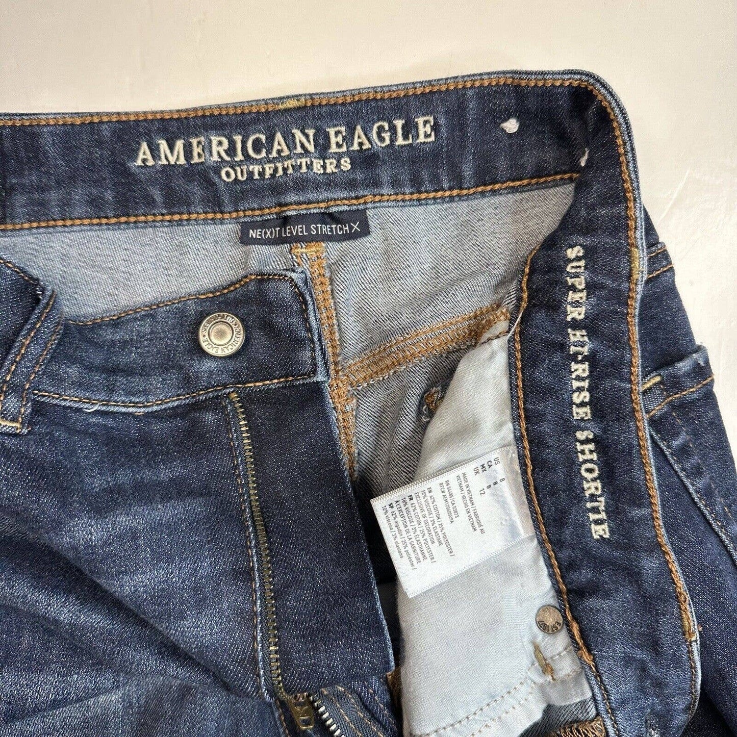 American Eagle Super Hi-Rise Shortie 8 Next Level Stretch Denim Jean Distressed