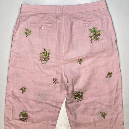 Rosanna Linen Wide Leg Crop Pant 14 (32"Waist) Pink Embroidered Monkeys Tropical