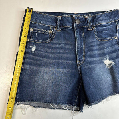 American Eagle Hi-Rise Shortie Sz 8 Super Super Stretch Denim Blue Jean Distress