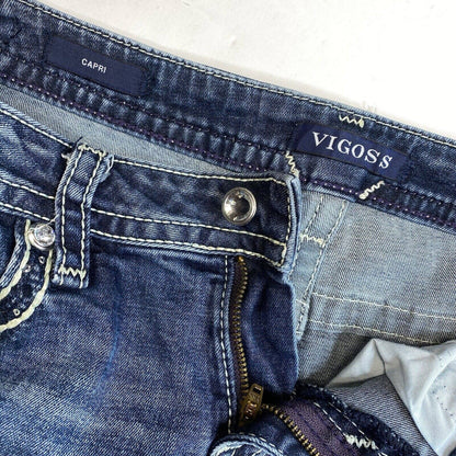 Vigoss Heritage Fit Capri Womens 8 Midrise Denim Crop Jeans Rhinestones Fray