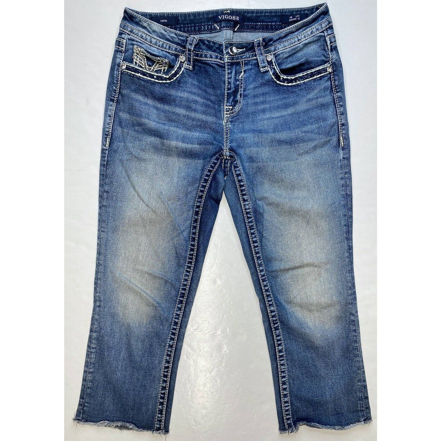 Vigoss Heritage Fit Capri Womens 8 Midrise Denim Crop Jeans Rhinestones Fray