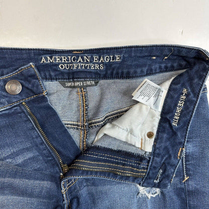 American Eagle Hi-Rise Shortie Sz 8 Super Super Stretch Denim Blue Jean Distress