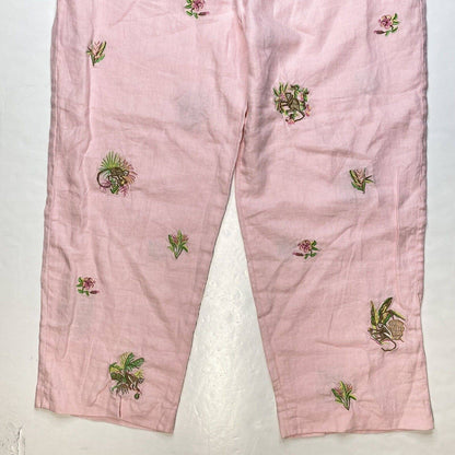 Rosanna Linen Wide Leg Crop Pant 14 (32"Waist) Pink Embroidered Monkeys Tropical