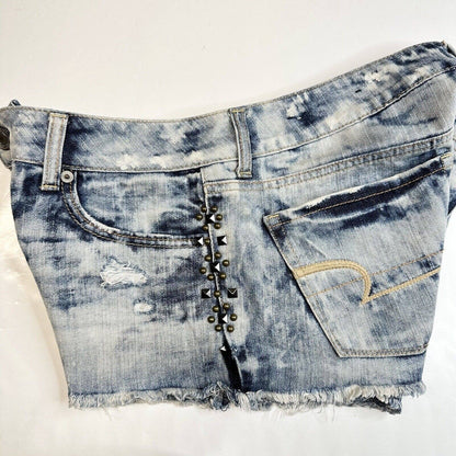 American Eagle Shortie 8 Acid Wash Denim Jean Shorts Distressed Studded *Flaw