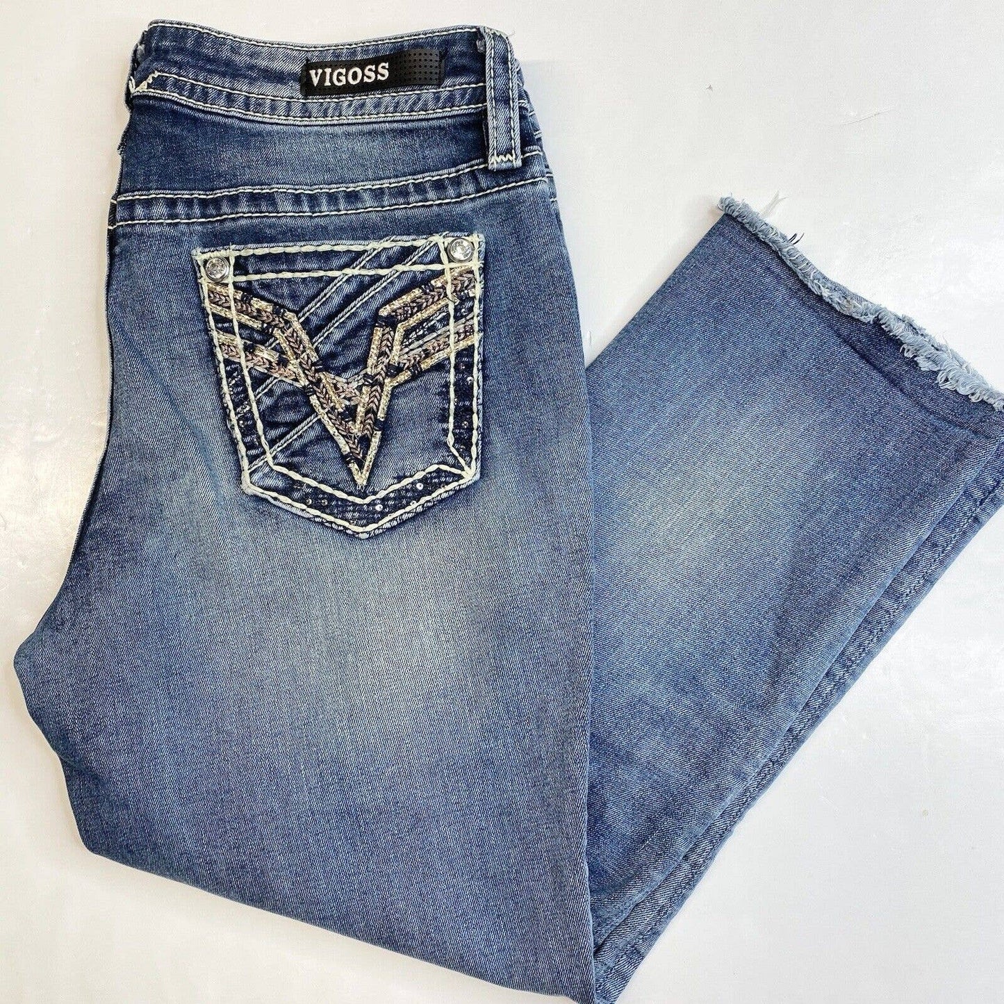 Vigoss Heritage Fit Capri Womens 8 Midrise Denim Crop Jeans Rhinestones Fray