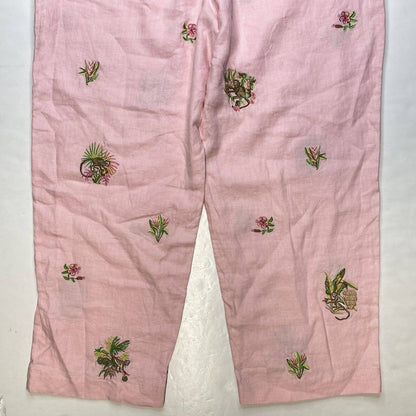 Rosanna Linen Wide Leg Crop Pant 14 (32"Waist) Pink Embroidered Monkeys Tropical