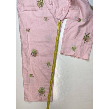Rosanna Linen Wide Leg Crop Pant 14 (32"Waist) Pink Embroidered Monkeys Tropical