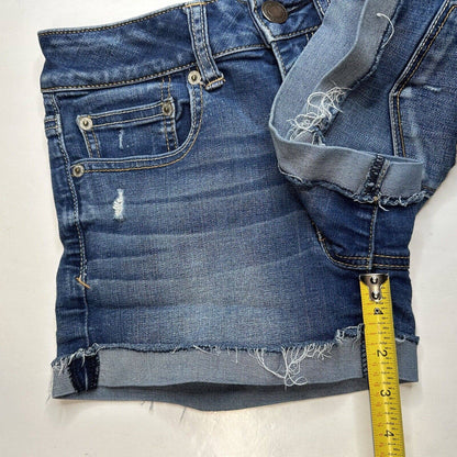 American Eagle Shortie 6 Super Stretch Denim Blue Jean Cuffed Shorts Distressed